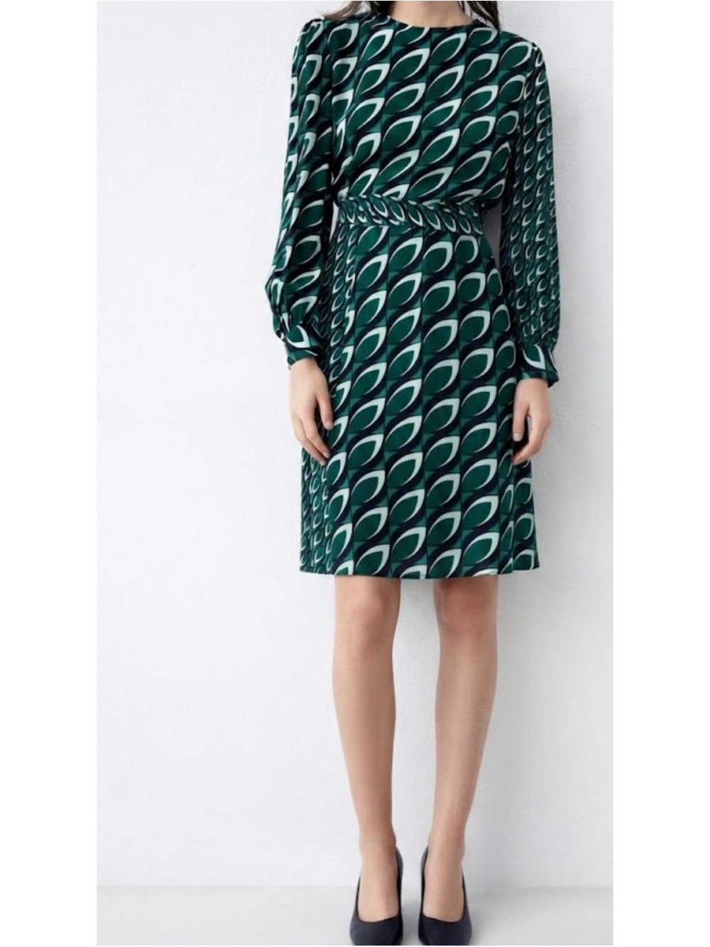 Zara Long Sleeve Geometric Print Tie Waist Dress